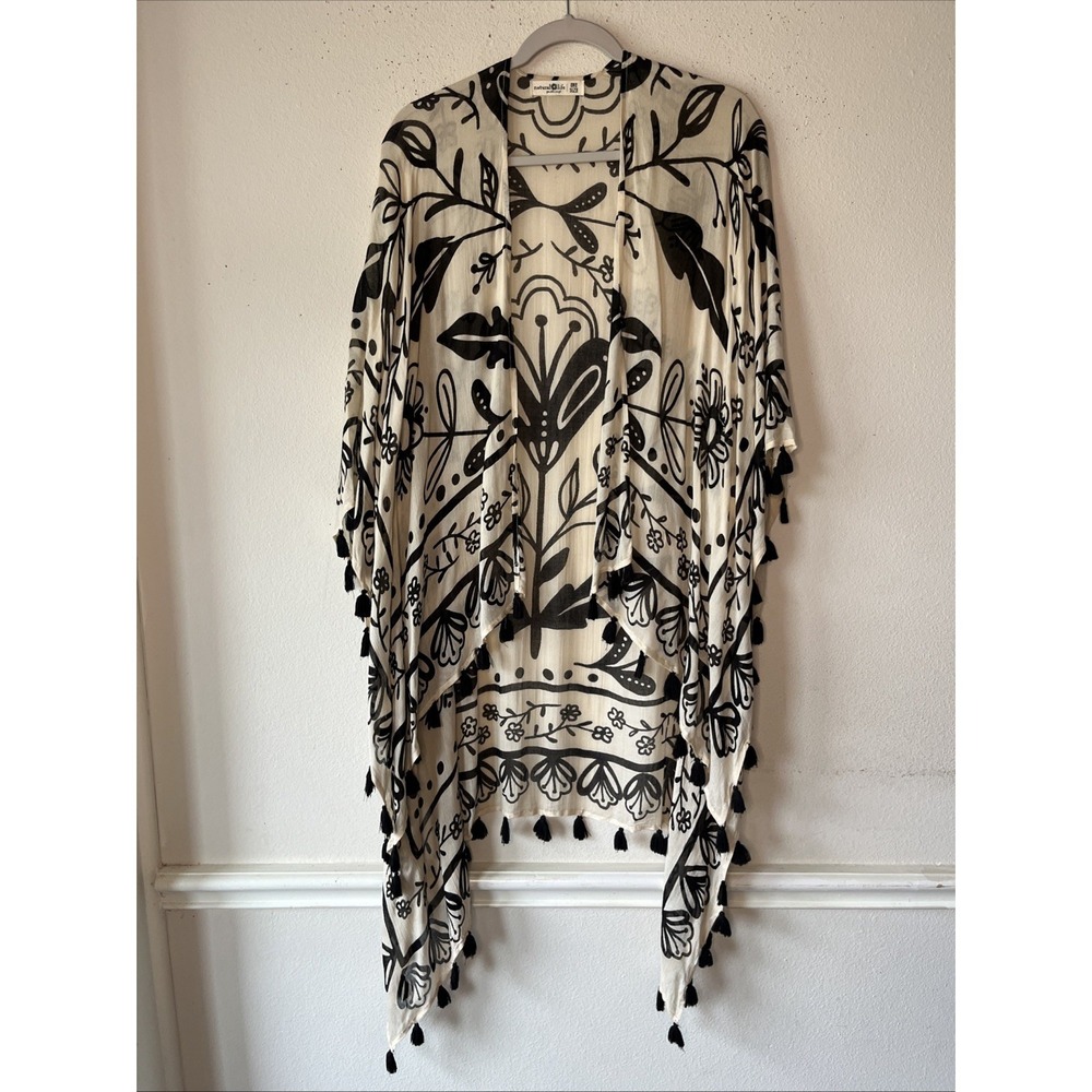 Natural Life Boho Black Cream Tassel Kimono Cardigan Cover Up One Size Tropical